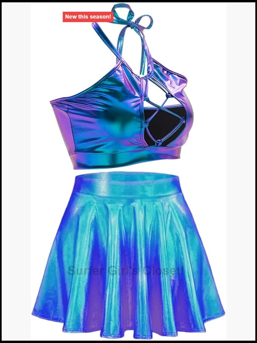 Metallic 2-Piece Rave Outfit Set PU Leather Crop Top & Mini Skirt